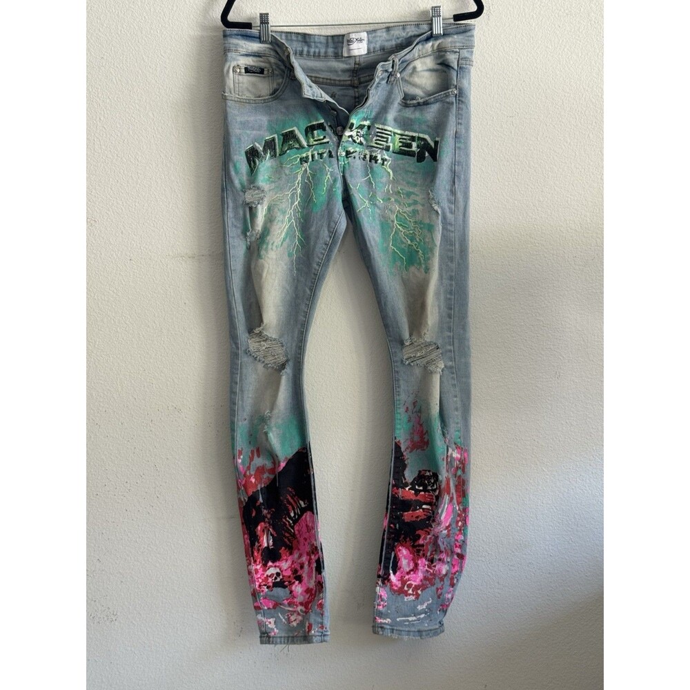 Mackeen Lycon Men's Size 32 Graffiti Painted Lightning Light Wash Skinny Jeans